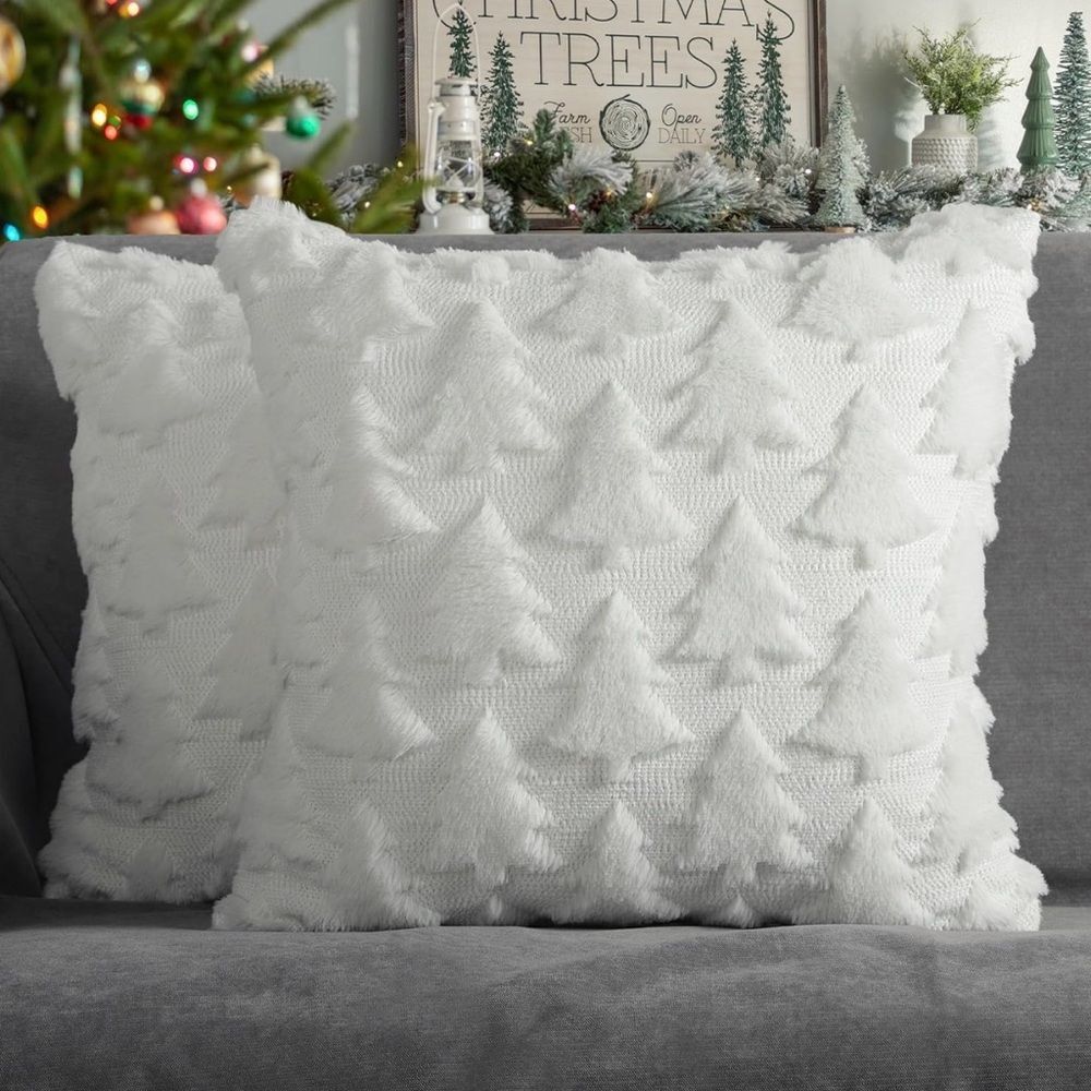 Christmas Tree Throw Pillow Covers 18” Set 2 Soft Plush Farmhouse Holiday White - Picture 1 of 7
